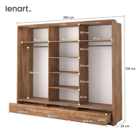 Szafa przesuwna Arti AR-01P 250 cm z lustrami, z 3 szufladami, z oświetleniem LED - dąb styrling
