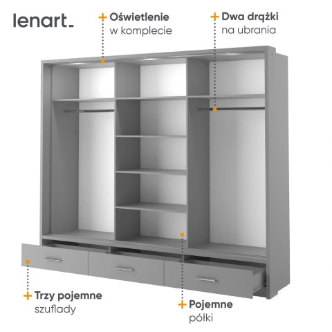 Szafa przesuwna Arti AR-01P 250 cm z lustrami, z 3 szufladami, z oświetleniem LED - szary