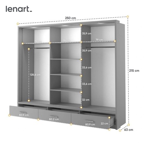 Szafa przesuwna Arti AR-01P 250 cm z lustrami, z 3 szufladami, z oświetleniem LED - szary