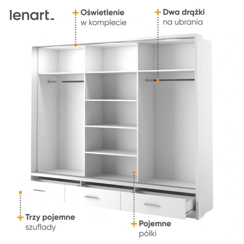 Szafa przesuwna Arti AR-01P-3L 250 cm z lustrami, z 3 szufladami, z oświetleniem LED - biały