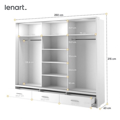 Szafa przesuwna Arti AR-01P-3L 250 cm z lustrami, z 3 szufladami, z oświetleniem LED - biały