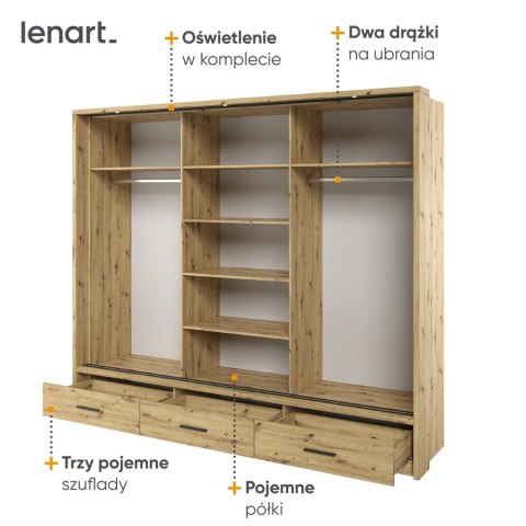 Szafa przesuwna Arti AR-01P-3L 250 cm z lustrami, z 3 szufladami, z oświetleniem LED - dąb artisan