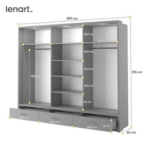 Szafa przesuwna Arti AR-01P-3L 250 cm z lustrami, z 3 szufladami, z oświetleniem LED - szary