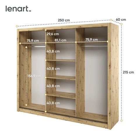 Szafa przesuwna Arti AR-02 250 cm z lustrami - dąb artisan