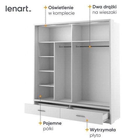 Szafa przesuwna Arti AR-05P 200 cm z lustrem, z 2 szufladami, z oświetleniem LED - biały