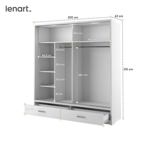 Szafa przesuwna Arti AR-05P 200 cm z lustrem, z 2 szufladami, z oświetleniem LED - biały