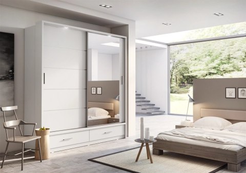 Szafa przesuwna Arti AR-05P 200 cm z lustrem, z 2 szufladami, z oświetleniem LED - biały