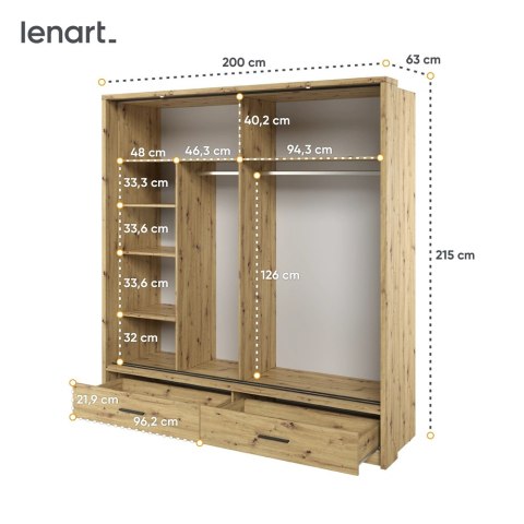 Szafa przesuwna Arti AR-05P-2L 200 cm z lustrem, z oświetleniem LED - dąb artisan