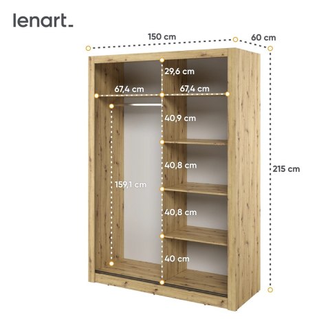 Szafa przesuwna Arti AR-18 150 cm z lustrem - dąb artisan