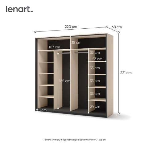 Szafa przesuwna Enna EN-01 220 cm z lustrem i LED - beż piaskowy / czarny