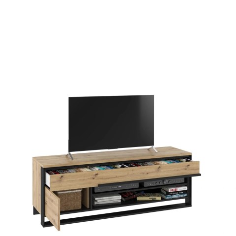 Szafka RTV Quant QA-04 155 cm z szufladą, wnękami i LED - dąb artisan / czarny