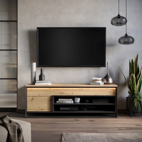 Szafka RTV Quant QA-04 155 cm z szufladą, wnękami i LED - dąb artisan / czarny