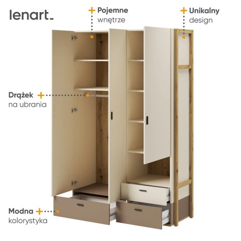 Szafa młodzieżowa Lenny LY-01 135 cm 3D3S - dąb artisan / beż / trufla