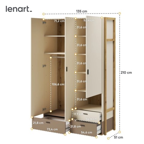 Szafa młodzieżowa Lenny LY-01 135 cm 3D3S - dąb artisan / beż / trufla