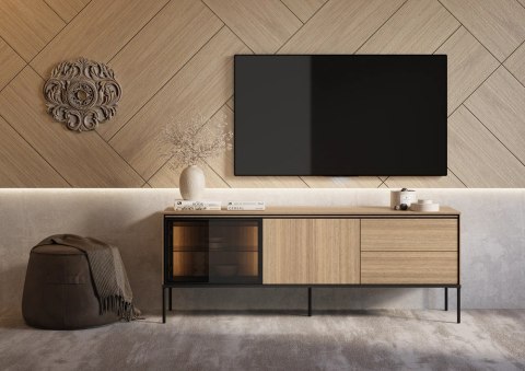 Szafka RTV z witryną i LED VISSO VI-07 167 cm - dąb linearny