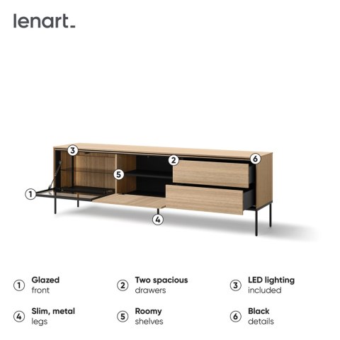 Szafka RTV z witryną i LED VISSO VI-08 197 cm - dąb linearny