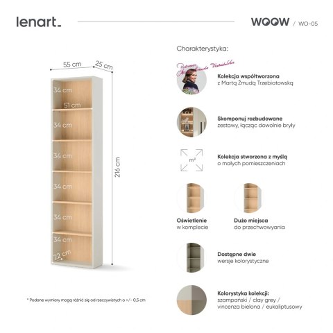 WOOW WO-05 - regał wąski, szampański / dąb vincenza bielona