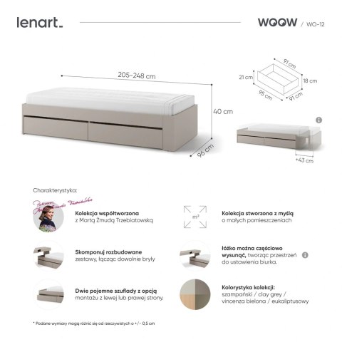 WOOW WO-12 - łóżko rozkładane 90x200 z 2 szufladami, clay grey